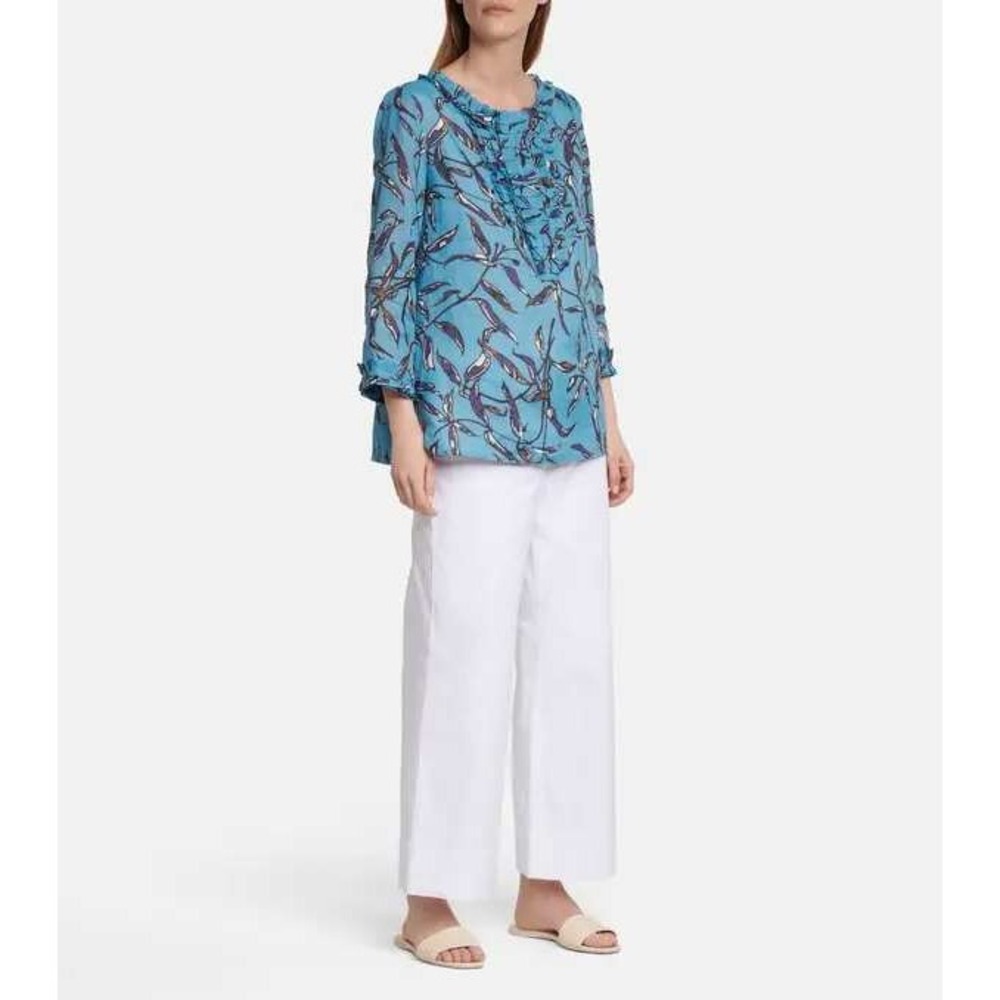'S Max Mara Blouse Tenuta Blue Floral Ramie Ruffle Button Bib Designer Top